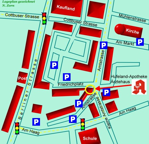 Lageplan - Im gelben Kreis finden Sie unsere Apotheke! Besuchen Sie uns, wir freuen uns auf Sie! Nutzen Sie unseren Service!